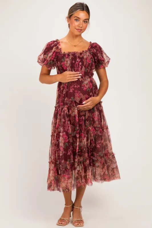 Burgundy Floral Polka Dot Tulle Maternity Midi Dress made by Blu Pepper