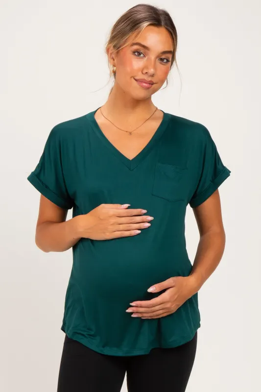 Forest Green V-Neck Pocket Short Sleeve Maternity Shirt made by Pinkblush