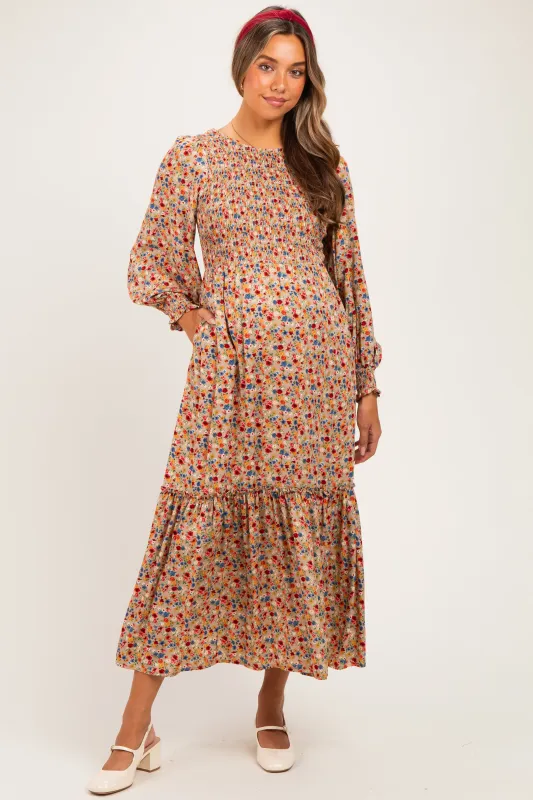Taupe Floral Smocked Long Sleeve Maternity Midi Dress made by Jnna