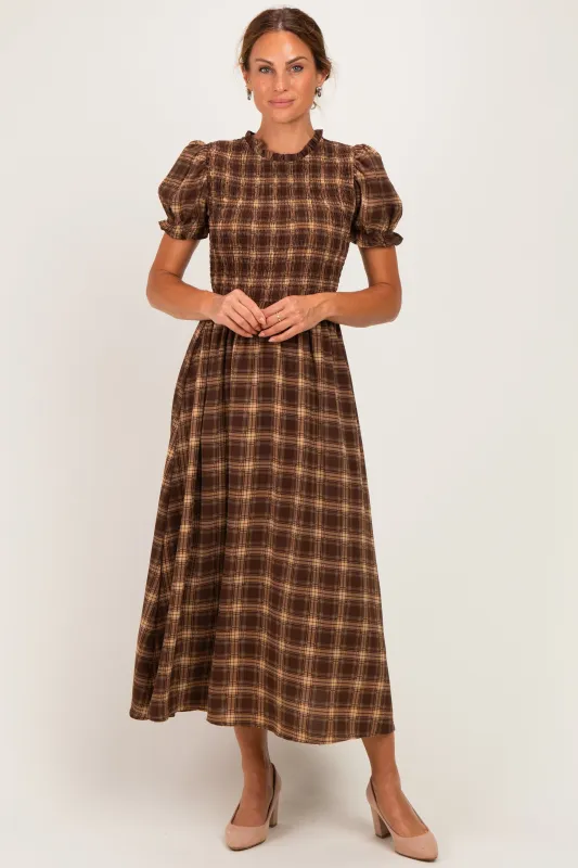 Brown Plaid Puff Sleeve Smocked Midi Dress made by Pinkblush