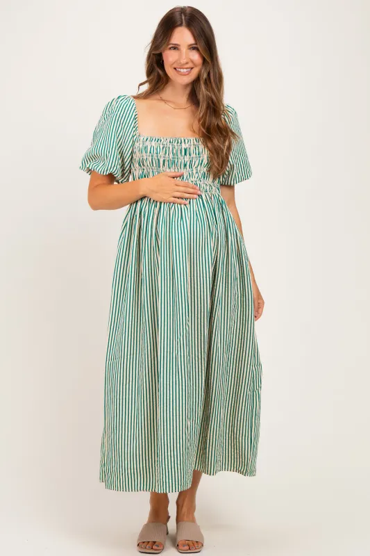 Green Square Neck Smocked Striped Maternity Midi Dress made by TCEC