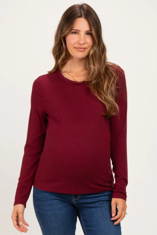 Burgundy Fitted Ribbed Maternity Long Sleeve made by Staccato