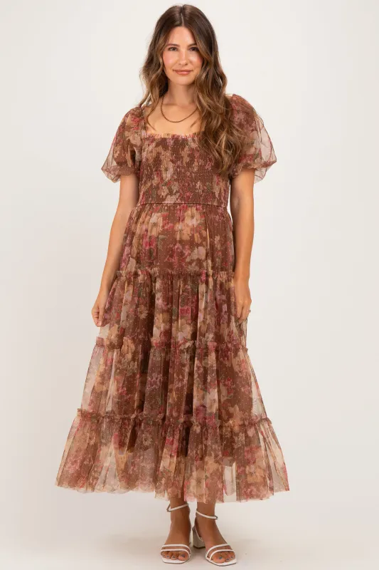 Light Brown Floral Polka Dot Tulle Maternity Midi Dress made by Blu Pepper