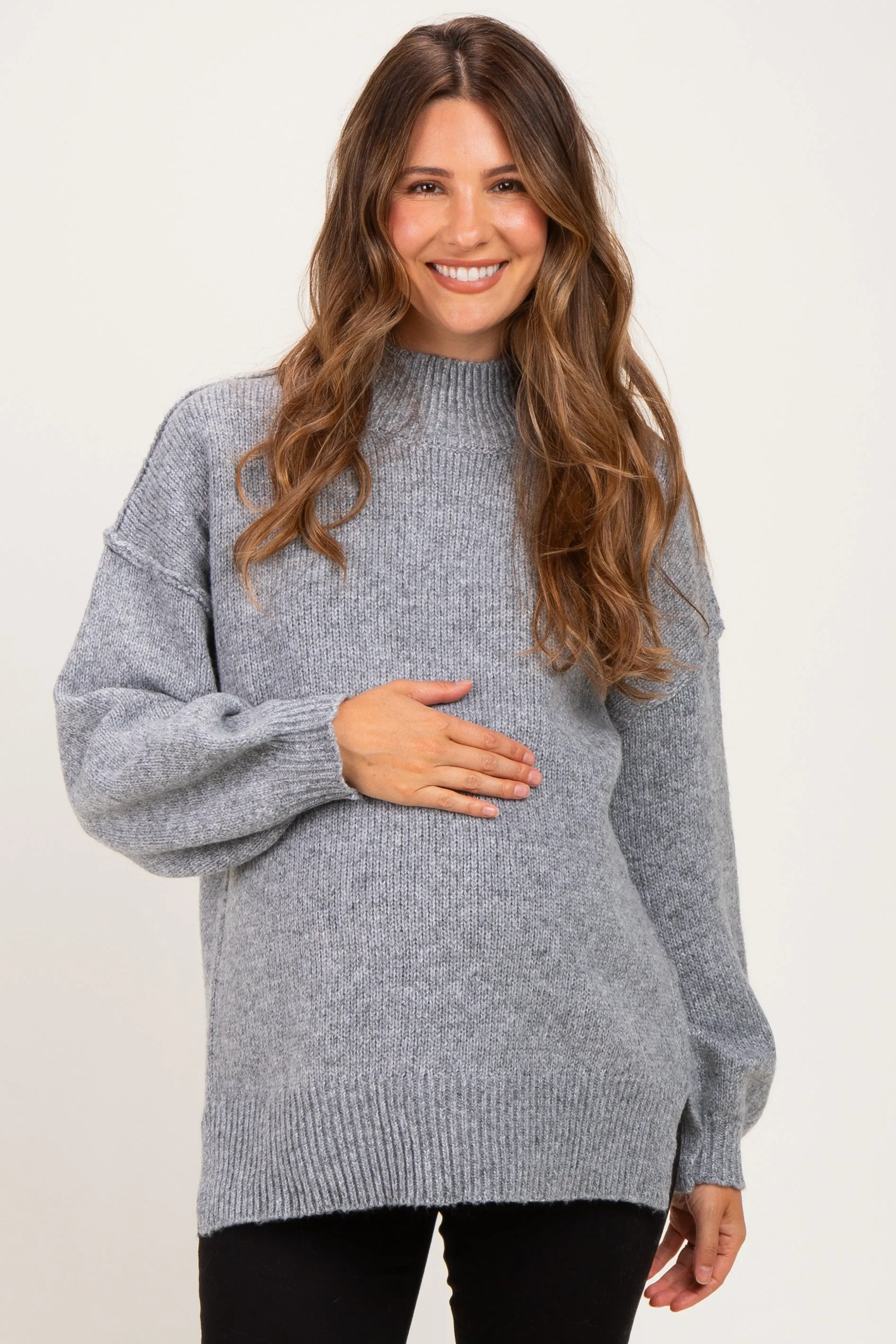 Heather Grey Mock Neck Oversized Maternity Sweater sold by Pinkblush