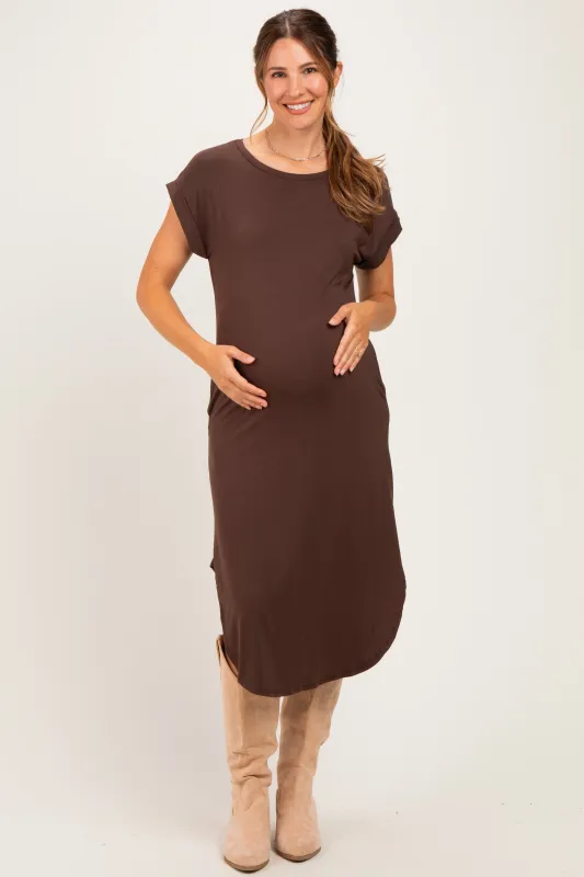 Chocolate Rounded Hem Maternity Midi Dress made by Final Touch