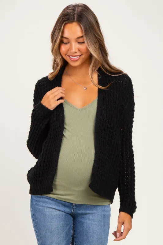 Black Chunky Waffle Knit Maternity Open Cardigan made by Staccato