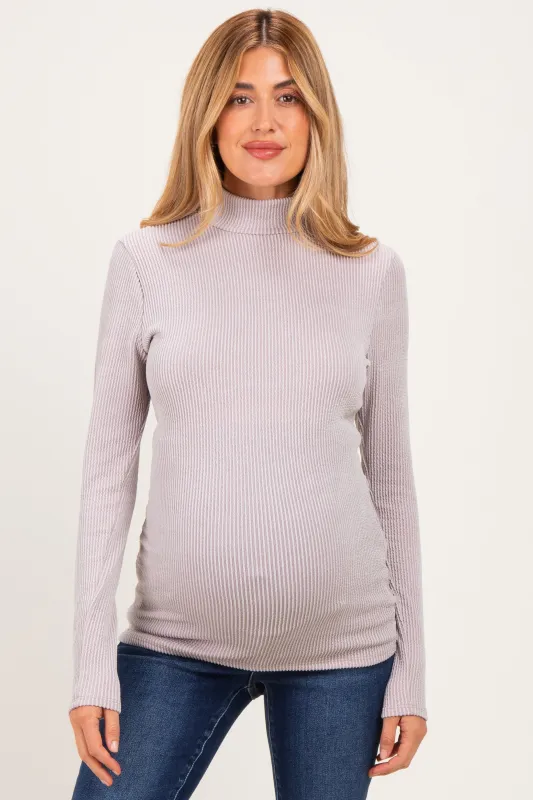 Beige Ribbed Fitted Mock Neck Long Sleeve Maternity Top made by Pinkblush