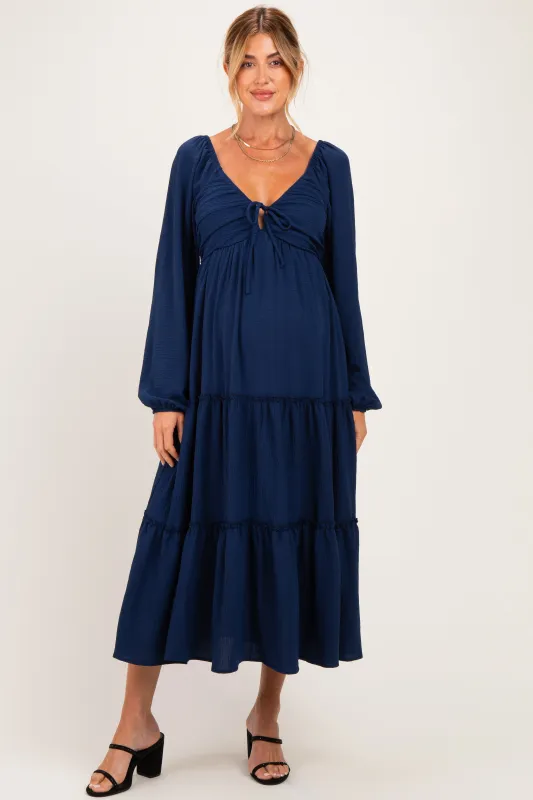 Navy Tiered Long Sleeve V-Neck Maternity Maxi Dress made by Pinkblush