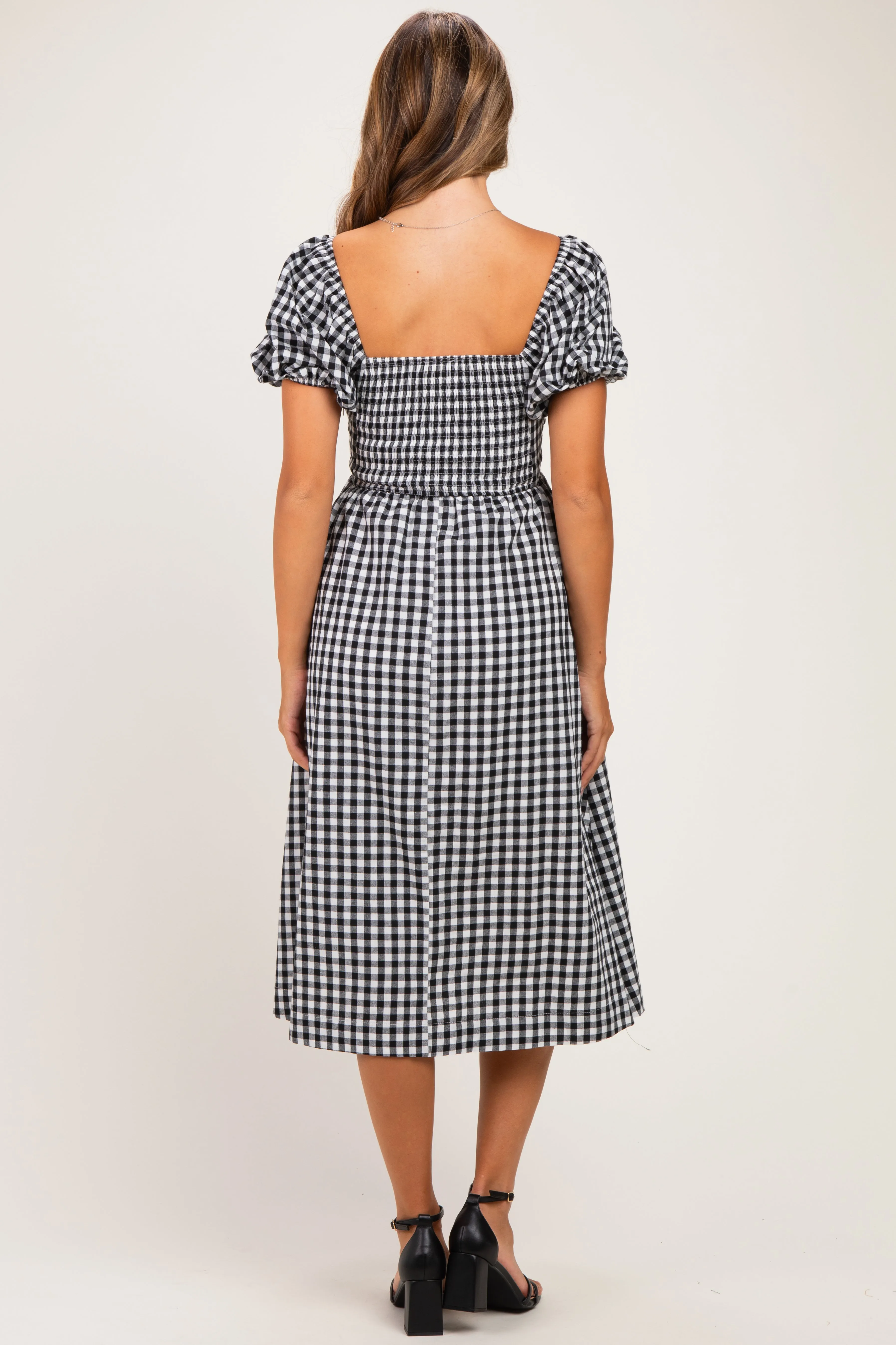 Black Gingham Lace Trim Puff Sleeve Maternity Midi Dress sold by Pinkblush product image thumbnail 3