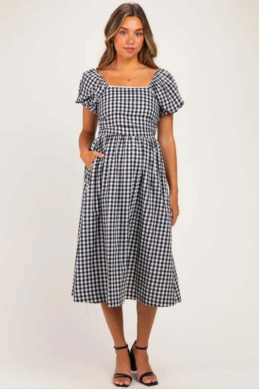 Black Gingham Lace Trim Puff Sleeve Maternity Midi Dress made by So Me
