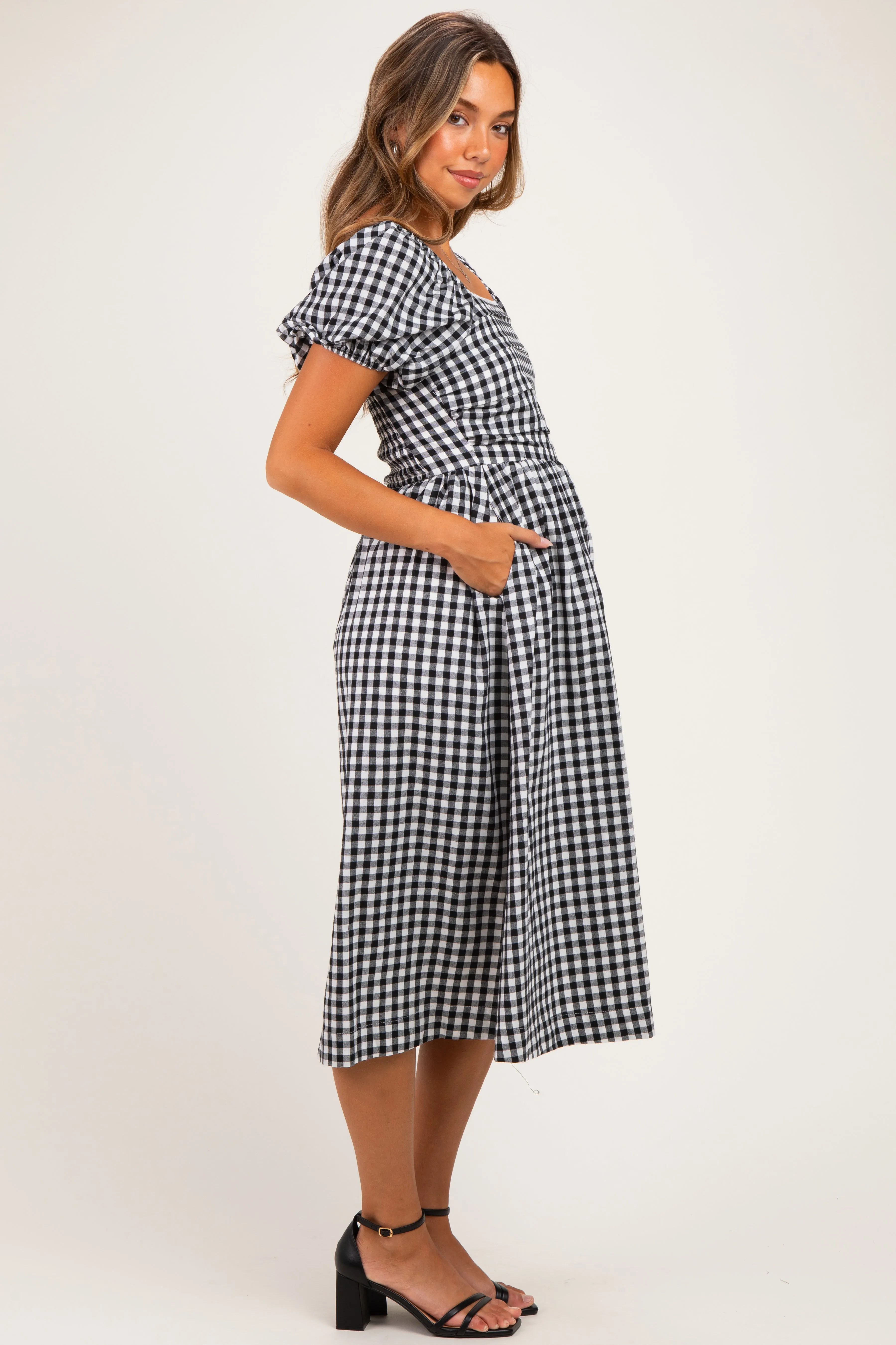 Black Gingham Lace Trim Puff Sleeve Maternity Midi Dress sold by Pinkblush product image thumbnail 2