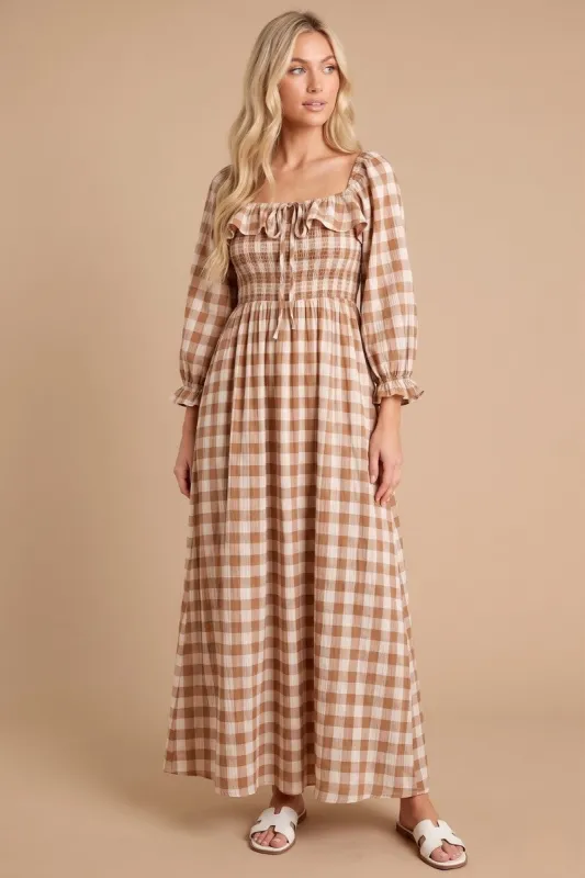 Brown Gingham Ruffle Smocked Maxi made by Jnna