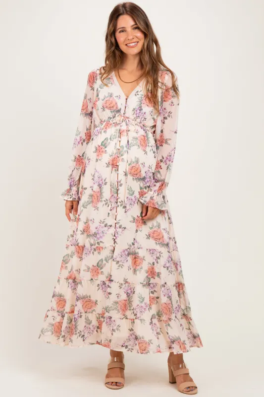 Cloud Floral Chiffon Button Down Maternity Maxi Dress made by Inloom