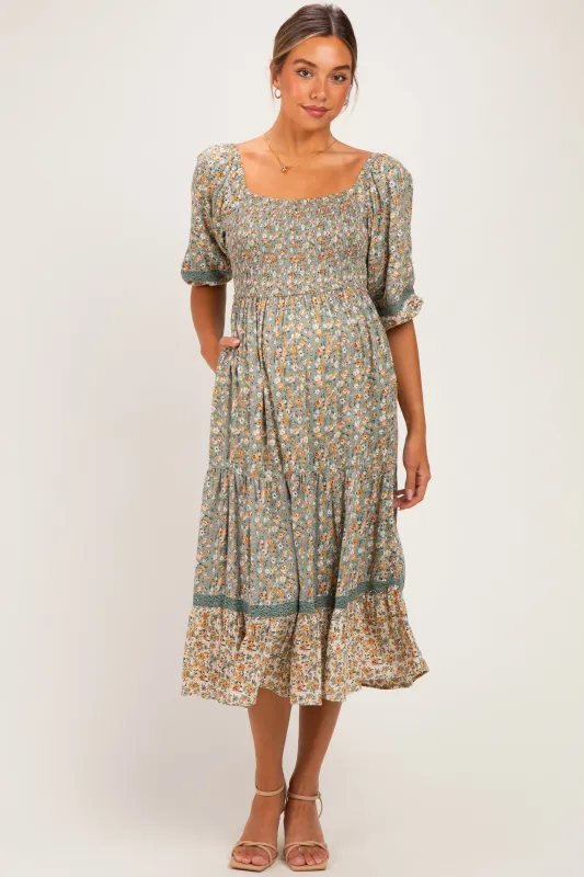 Sage Floral Lace Trim Smocked Maternity Midi Dress made by Angie