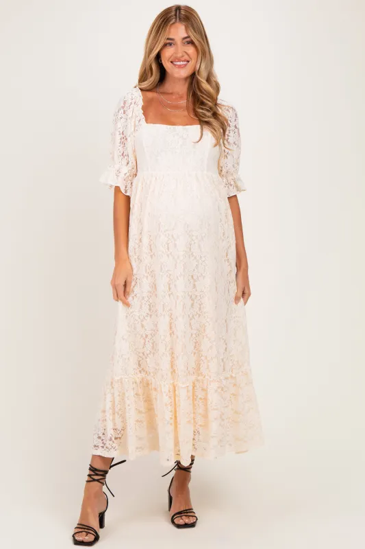 Beige Floral Lace Square Neck Maternity Maxi Dress made by Pinkblush