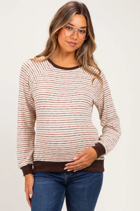 Brown Muticolor Striped Long Sleeve Maternity Top made by Staccato