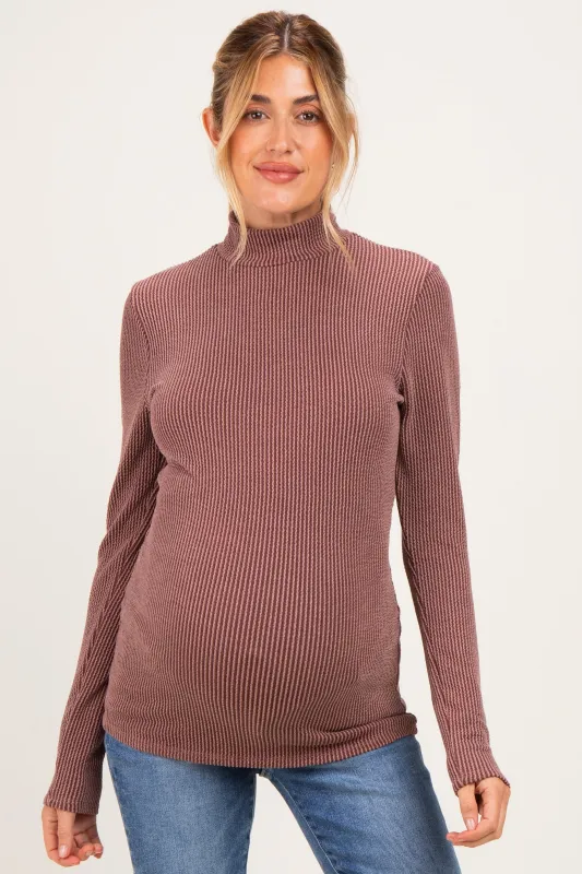 Brown Ribbed Fitted Mock Neck Long Sleeve Maternity Top made by Pinkblush