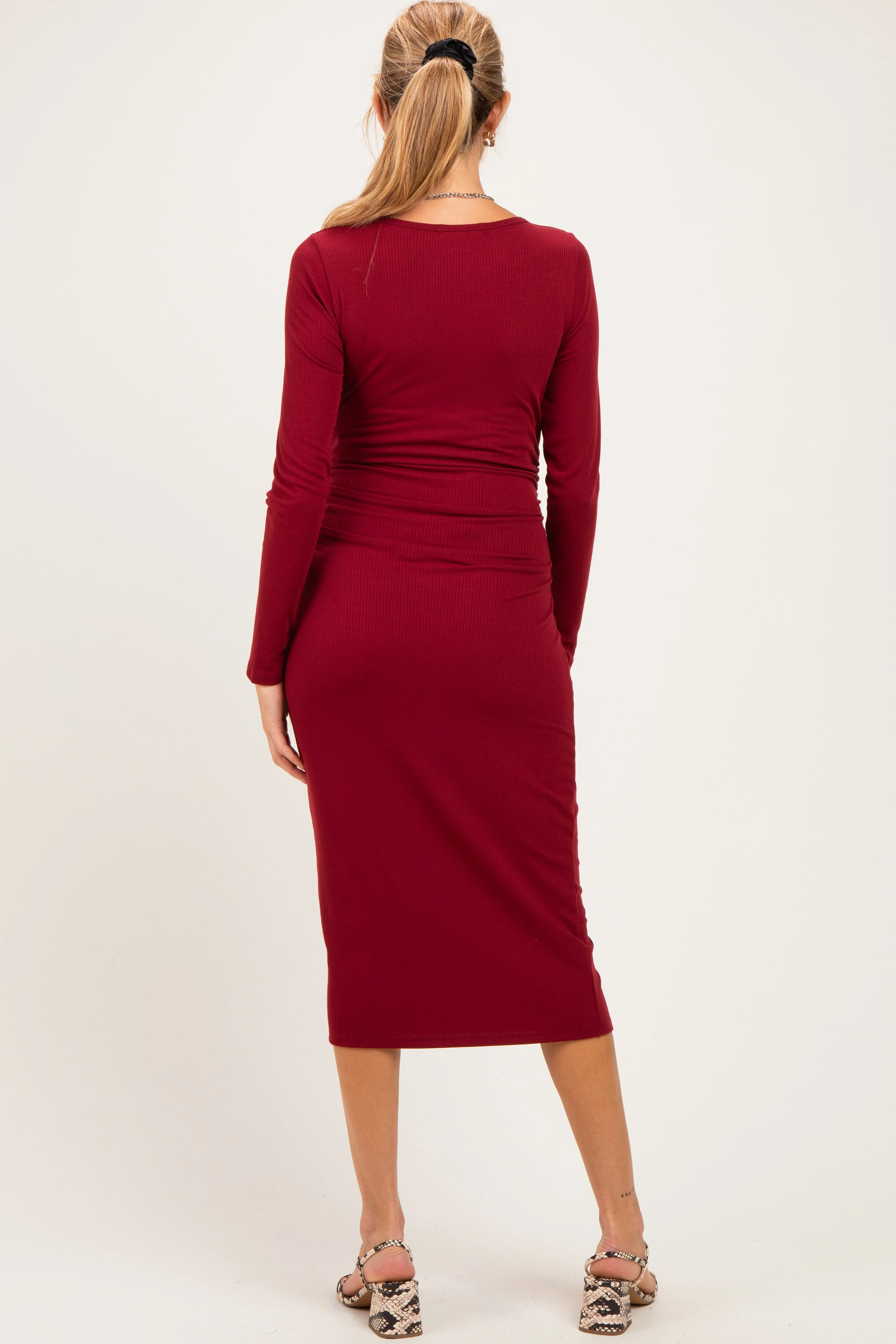 Burgundy Fitted Long Sleeve Square Neck Maternity Midi Dress sold by Pinkblush product image thumbnail 4