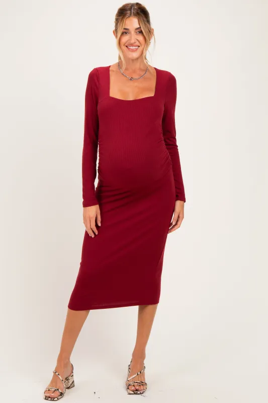Burgundy Fitted Long Sleeve Square Neck Maternity Midi Dress made by Pinkblush