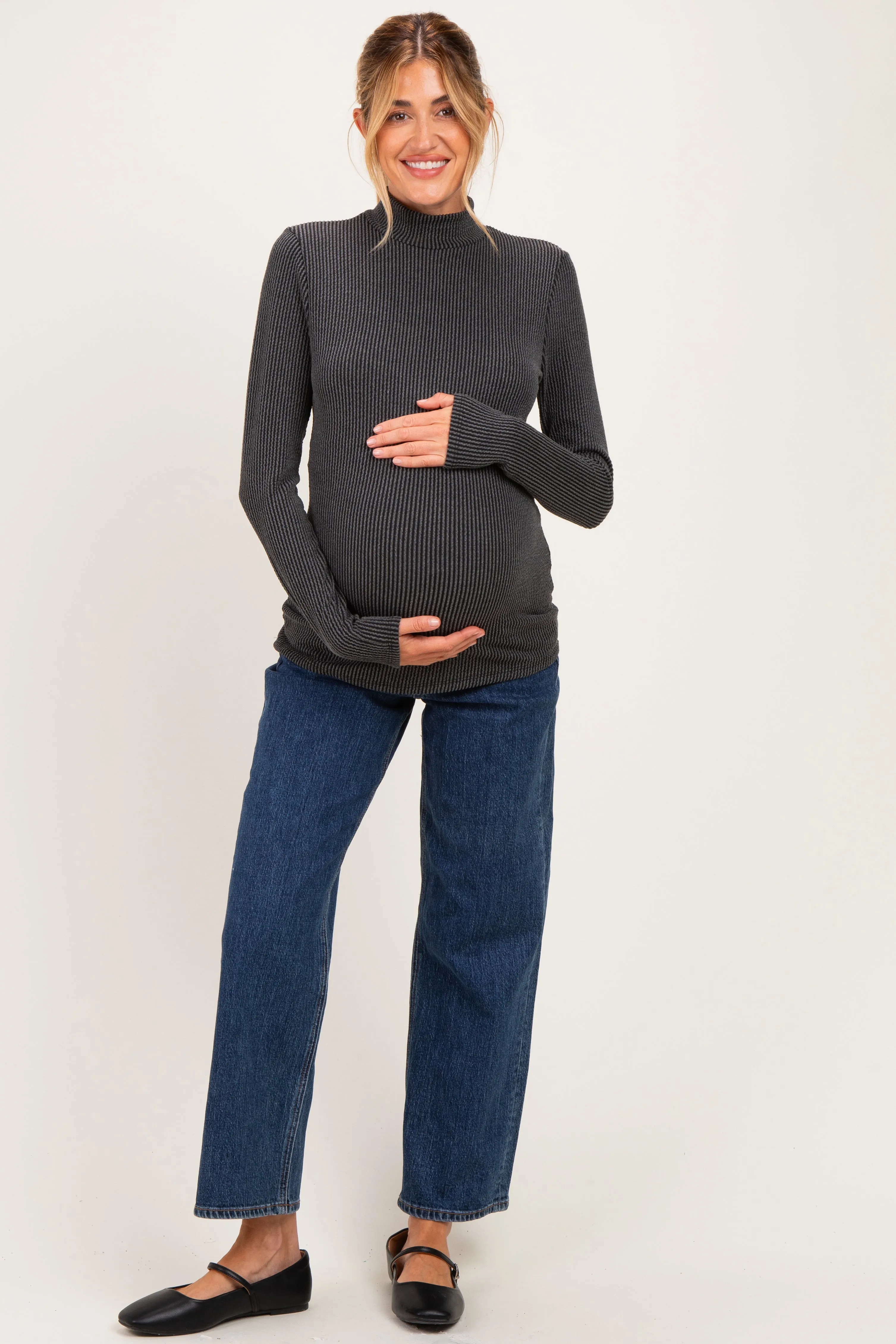 Charcoal Ribbed Fitted Mock Neck Long Sleeve Maternity Top sold by Pinkblush product image thumbnail 2