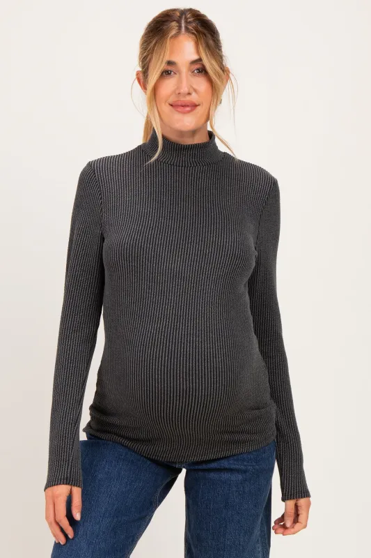 Charcoal Ribbed Fitted Mock Neck Long Sleeve Maternity Top made by Pinkblush
