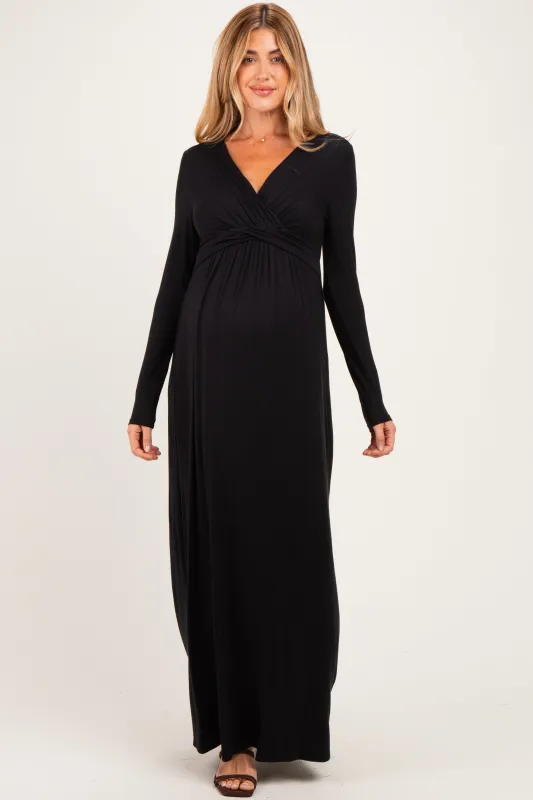 PinkBlush Black Long Sleeve Draped Maternity/Nursing Maxi Dress made by Pinkblush