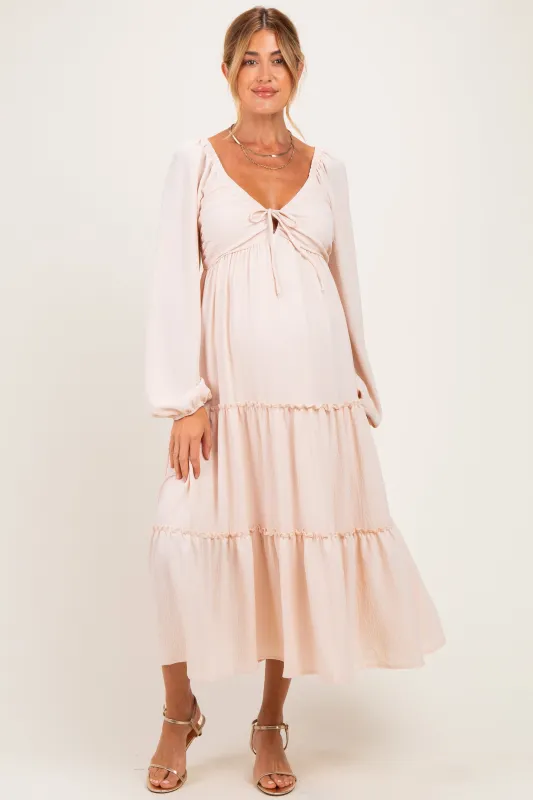 Beige Tiered Long Sleeve V-Neck Maternity Maxi Dress made by Pinkblush