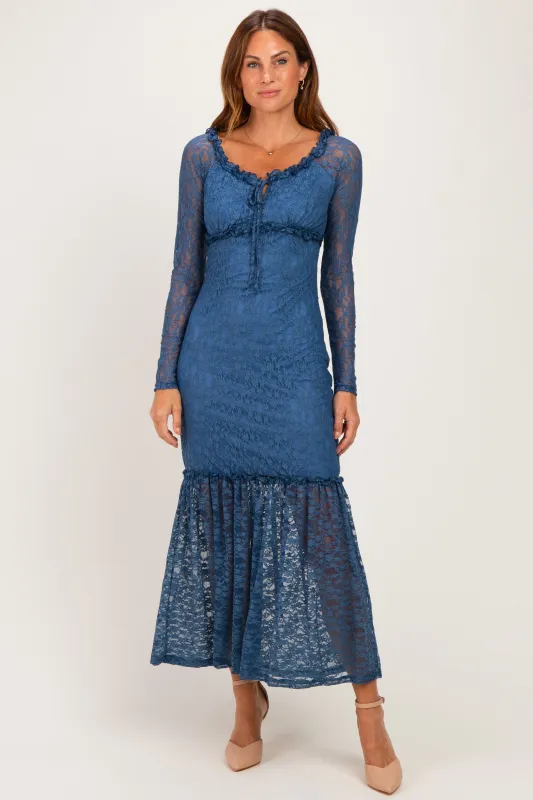 Blue Off Shoulder Long Sleeve Boho Maxi Dress made by Pinkblush