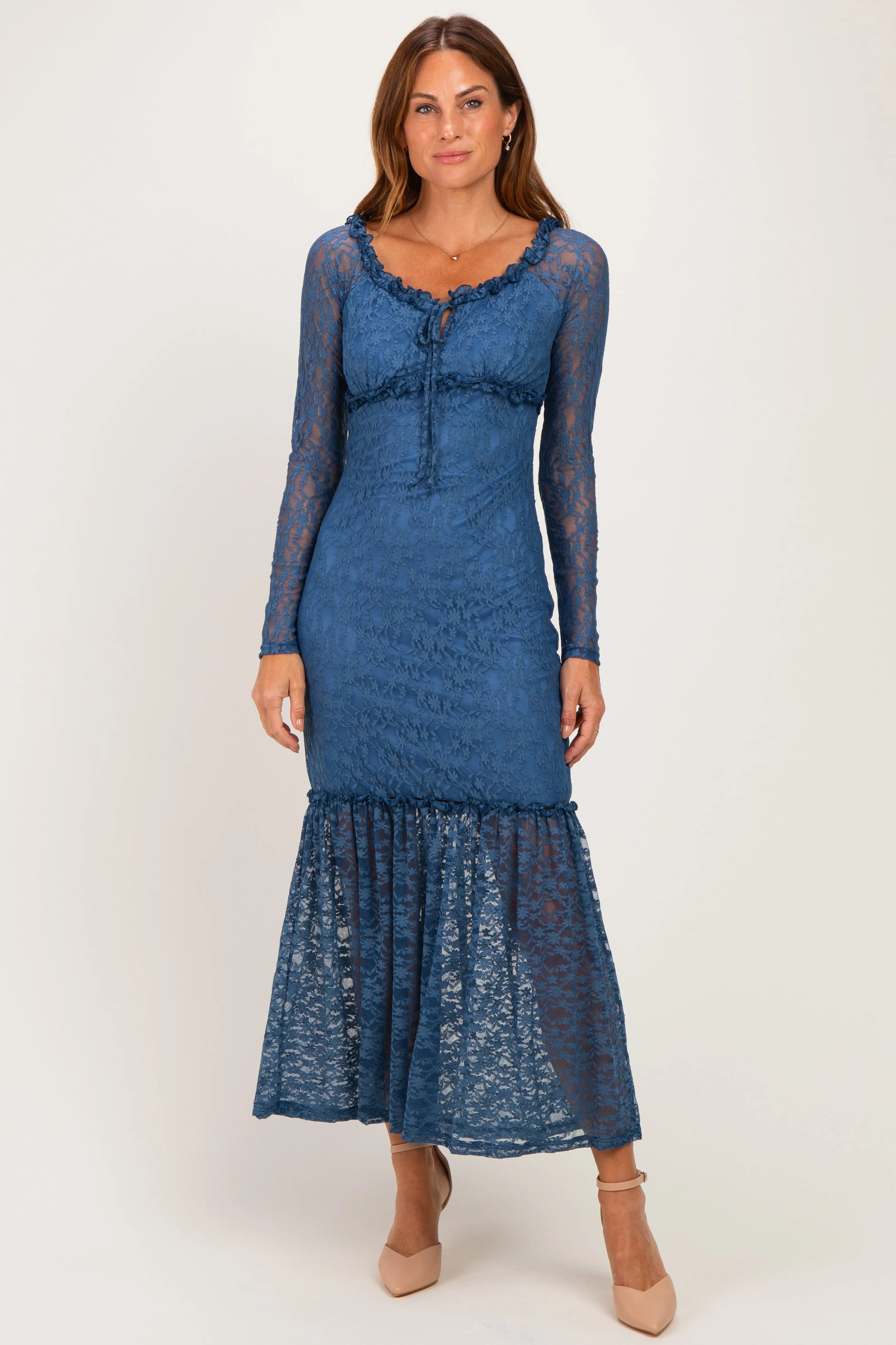 Blue Off Shoulder Long Sleeve Boho Maxi Dress sold by Pinkblush