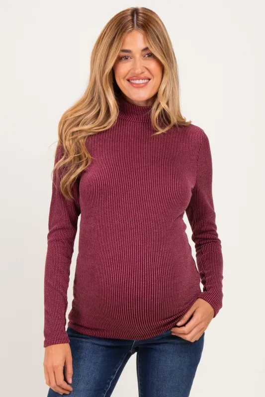 Burgundy Ribbed Fitted Mock Neck Long Sleeve Maternity Top made by Pinkblush