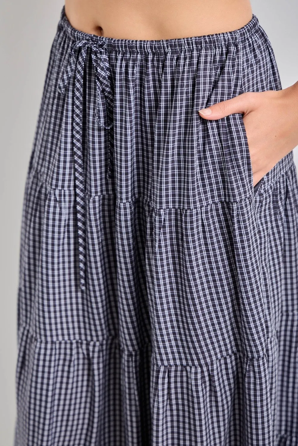 Navy Plaid Drawstring Tiered Midi Skirt sold by Pinkblush product image thumbnail 4