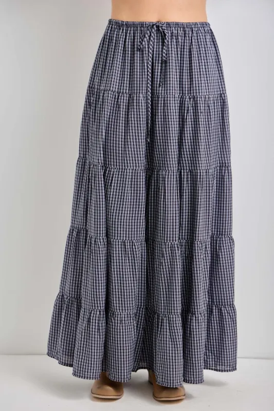 Navy Plaid Drawstring Tiered Midi Skirt made by BaeVely