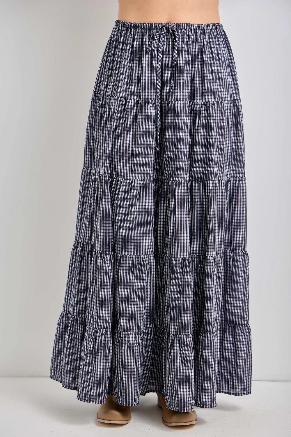 Navy Plaid Drawstring Tiered Midi Skirt sold by Pinkblush