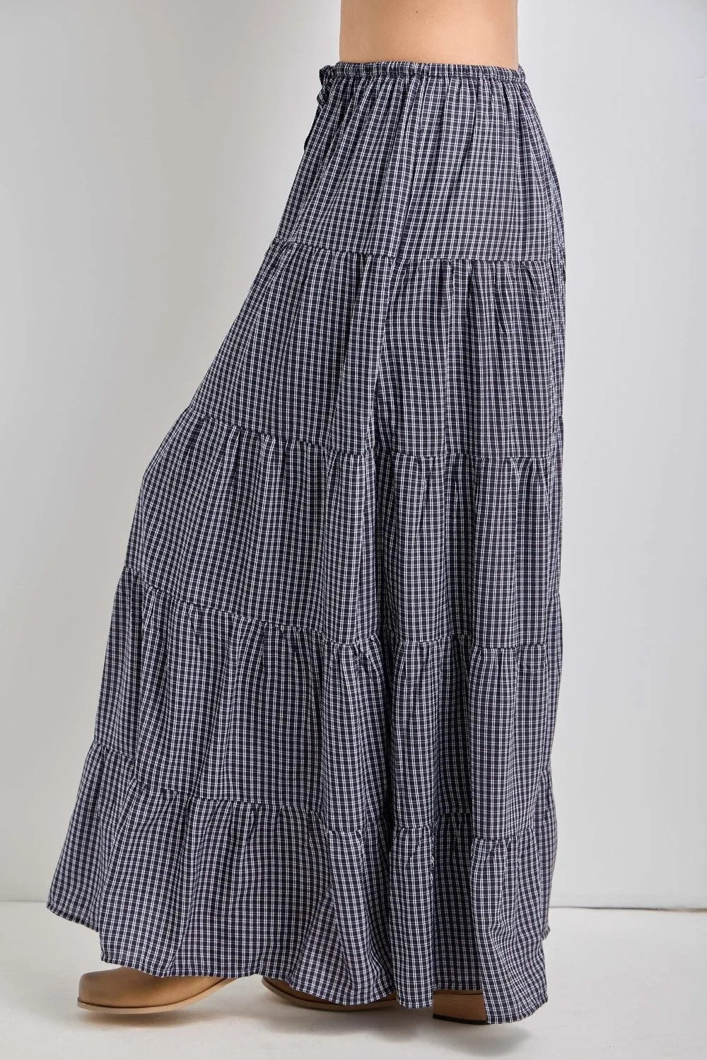Navy Plaid Drawstring Tiered Midi Skirt sold by Pinkblush product image thumbnail 2