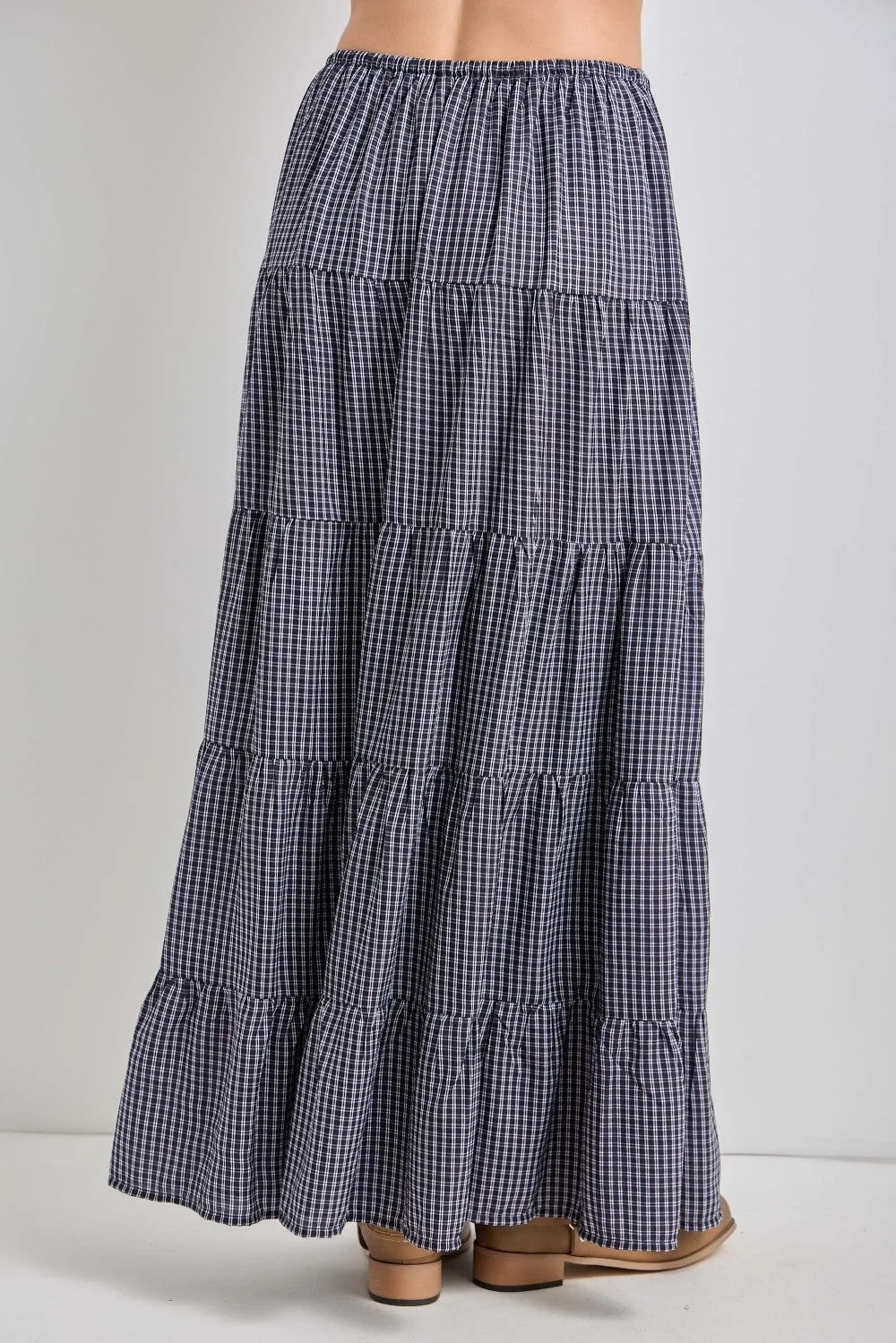 Navy Plaid Drawstring Tiered Midi Skirt sold by Pinkblush product image thumbnail 3