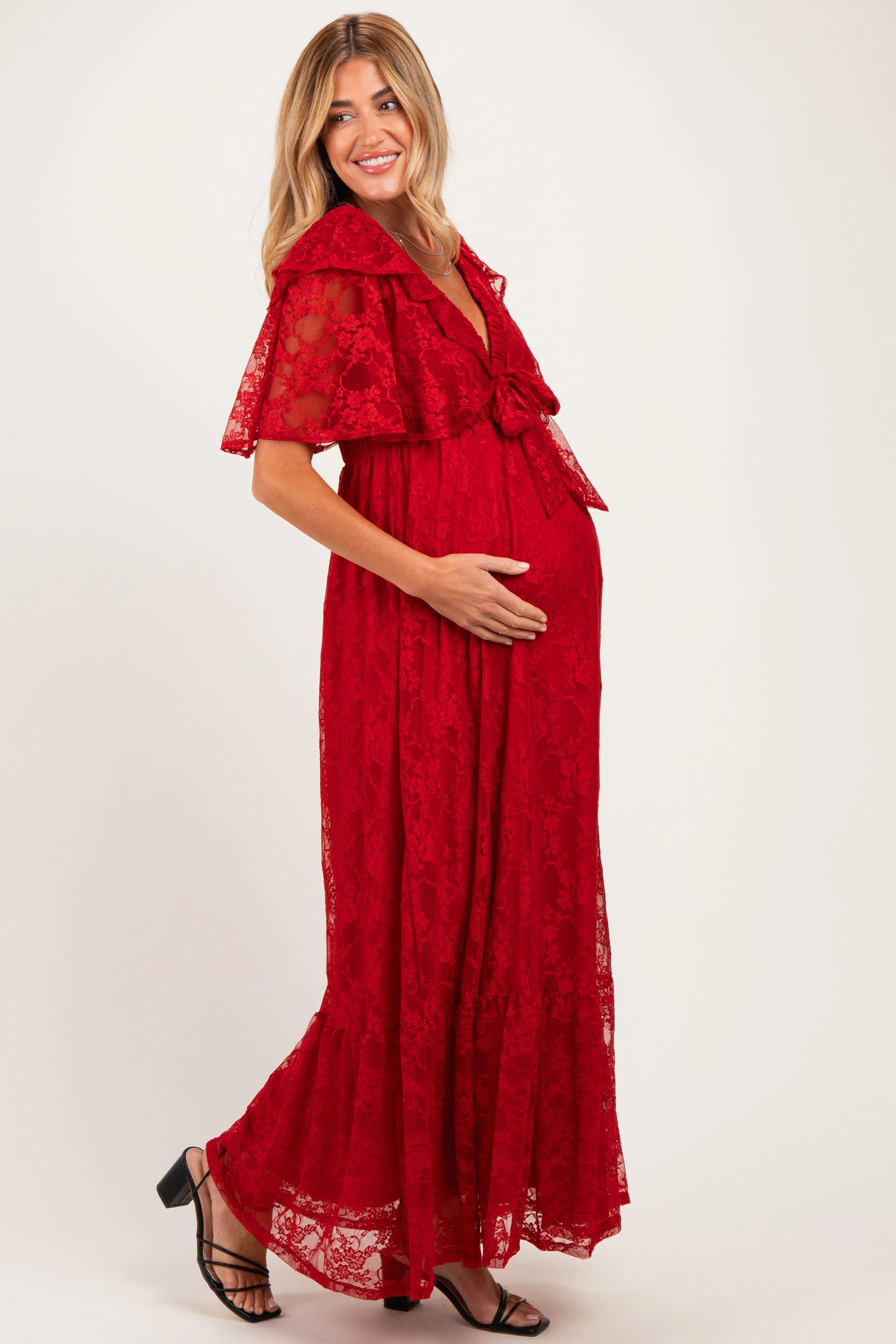 Red Lace Flutter Sleeve Tiered Maternity Maxi Dress sold by Pinkblush product image thumbnail 2