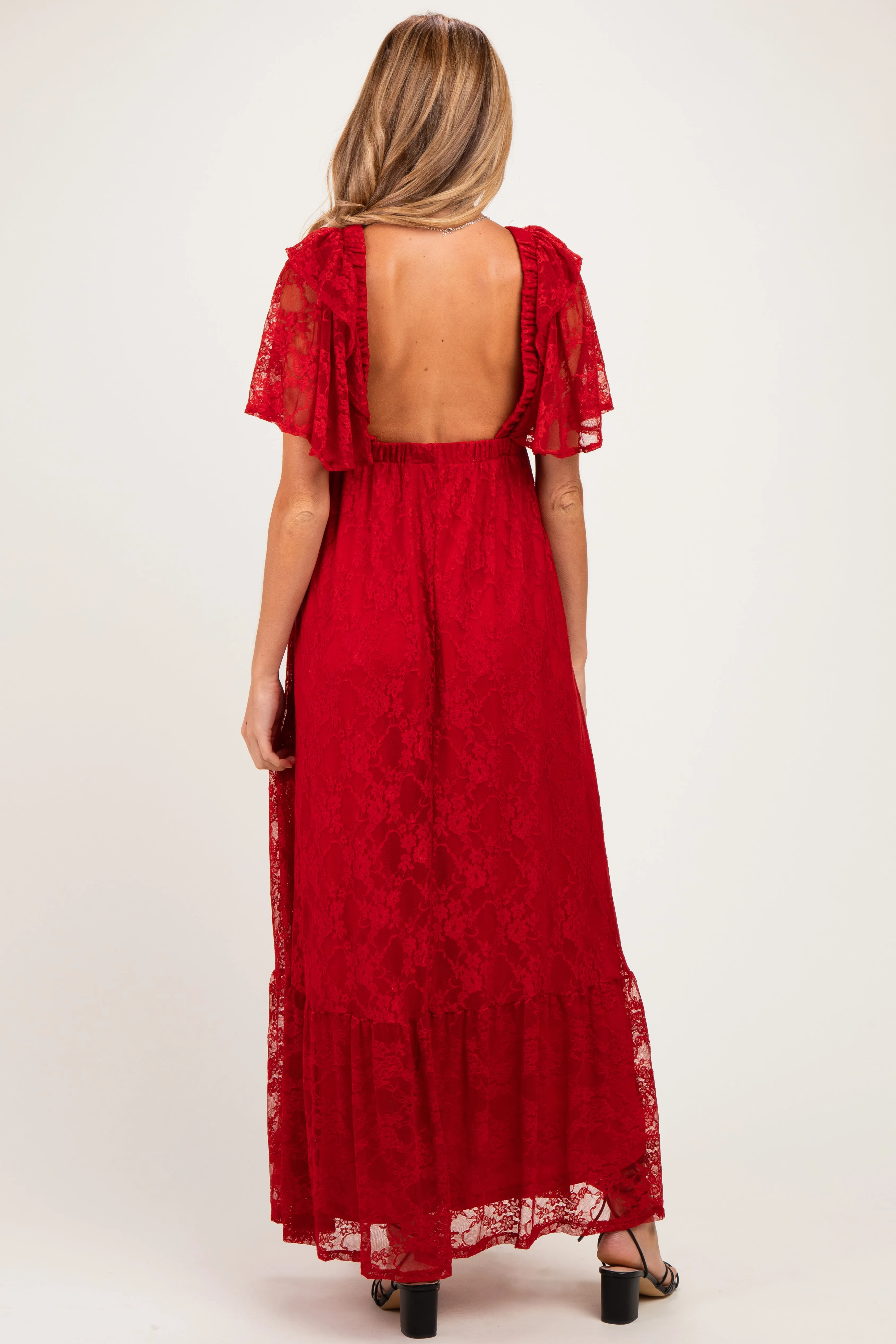 Red Lace Flutter Sleeve Tiered Maternity Maxi Dress sold by Pinkblush product image thumbnail 3