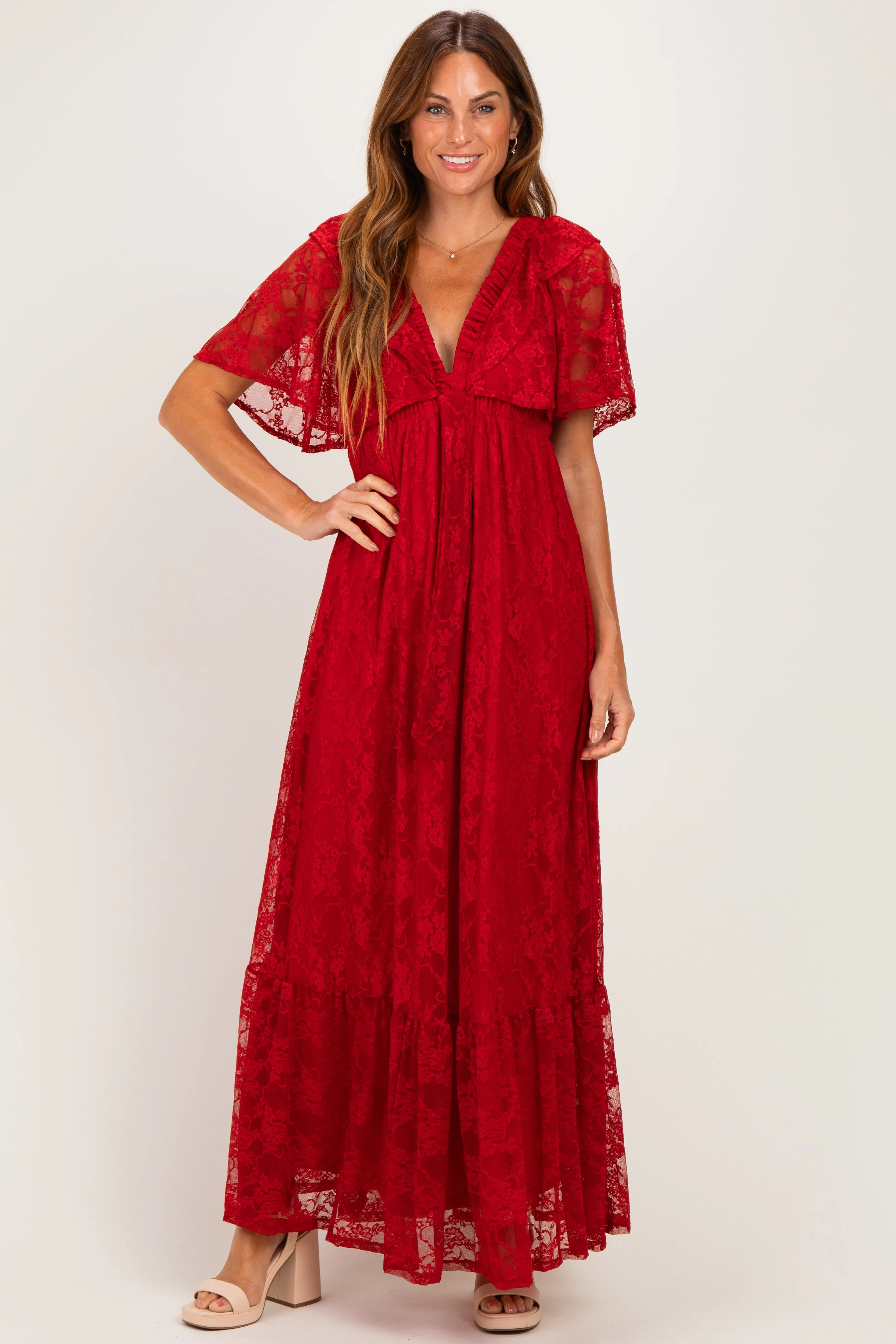 Red Lace Flutter Sleeve Tiered Maternity Maxi Dress sold by Pinkblush product image thumbnail 4
