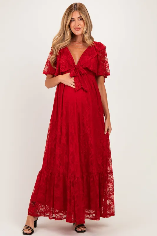 Red Lace Flutter Sleeve Tiered Maternity Maxi Dress made by Pinkblush