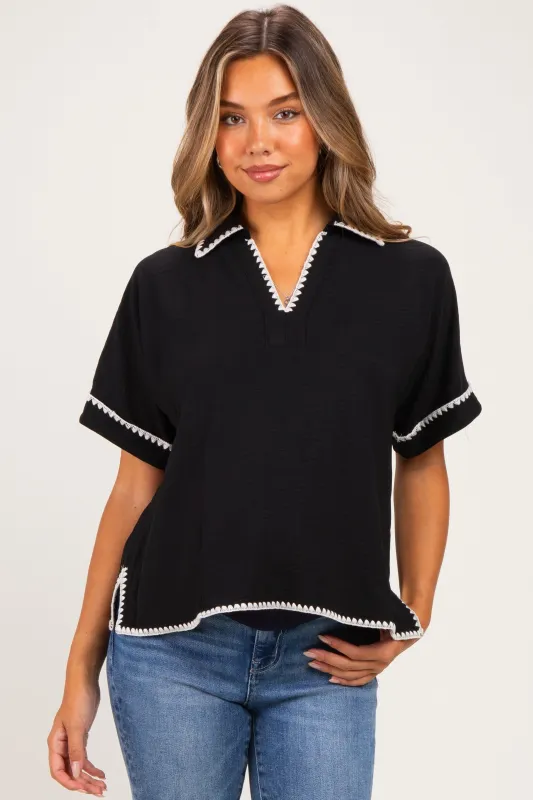 Black Embroidered Detail Collared Boxy Maternity Top made by JODIFL