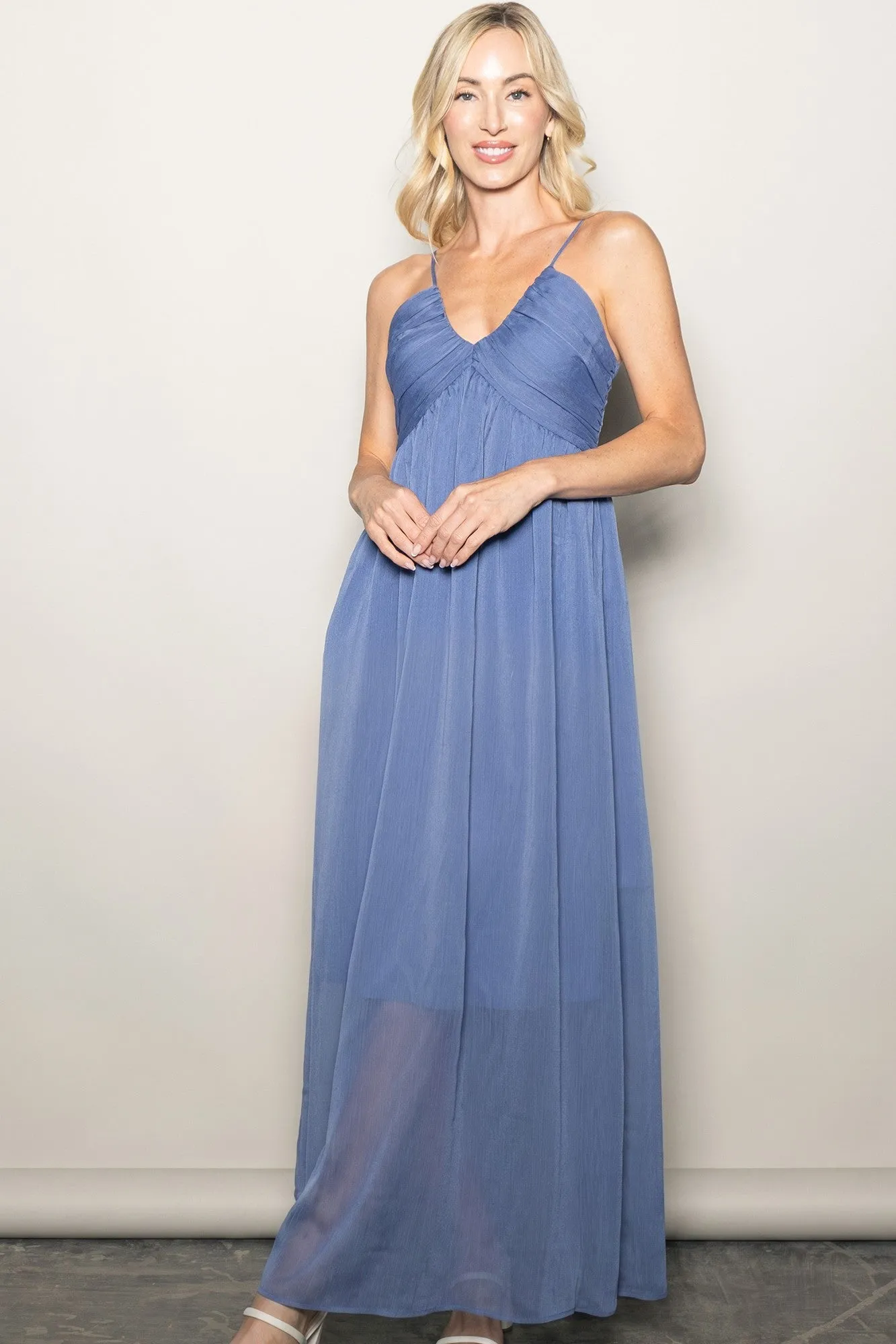 Dusty Blue Crinkle Chiffon V-Neck Maxi Dress sold by Pinkblush product image thumbnail 2