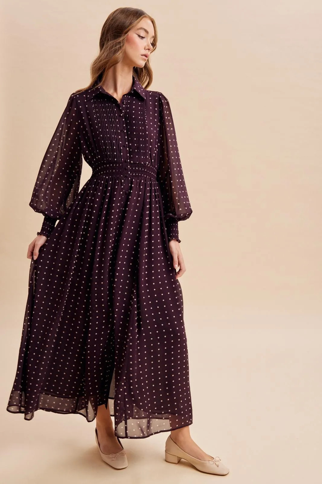 Burnt Mocha Polka Dot Chiffon Button Down Maxi Dress sold by Pinkblush product image thumbnail 3