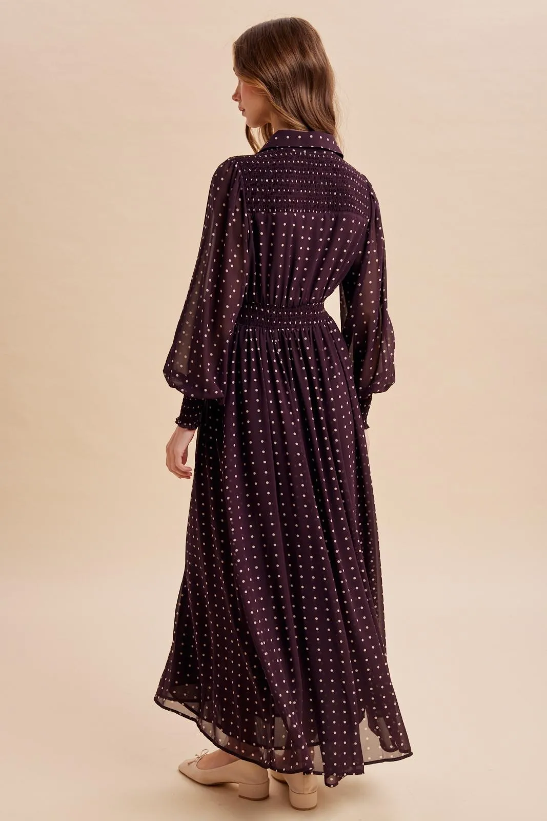Burnt Mocha Polka Dot Chiffon Button Down Maxi Dress sold by Pinkblush product image thumbnail 4