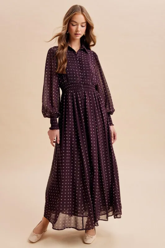 Burnt Mocha Polka Dot Chiffon Button Down Maxi Dress made by Inloom