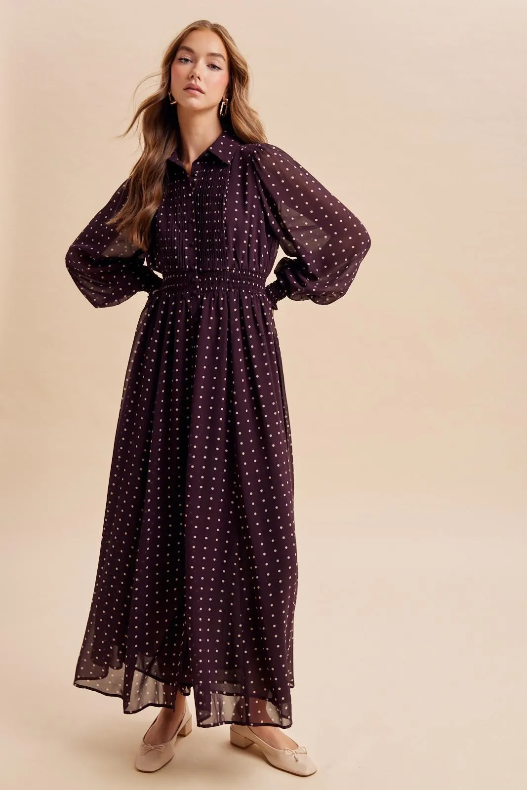 Burnt Mocha Polka Dot Chiffon Button Down Maxi Dress sold by Pinkblush product image thumbnail 2