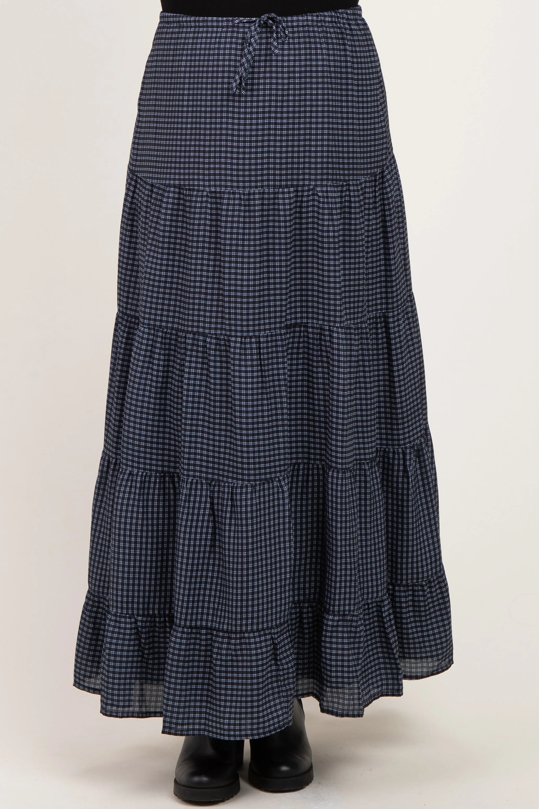 Navy Plaid Drawstring Tiered Maternity Midi Skirt sold by Pinkblush product image thumbnail 2