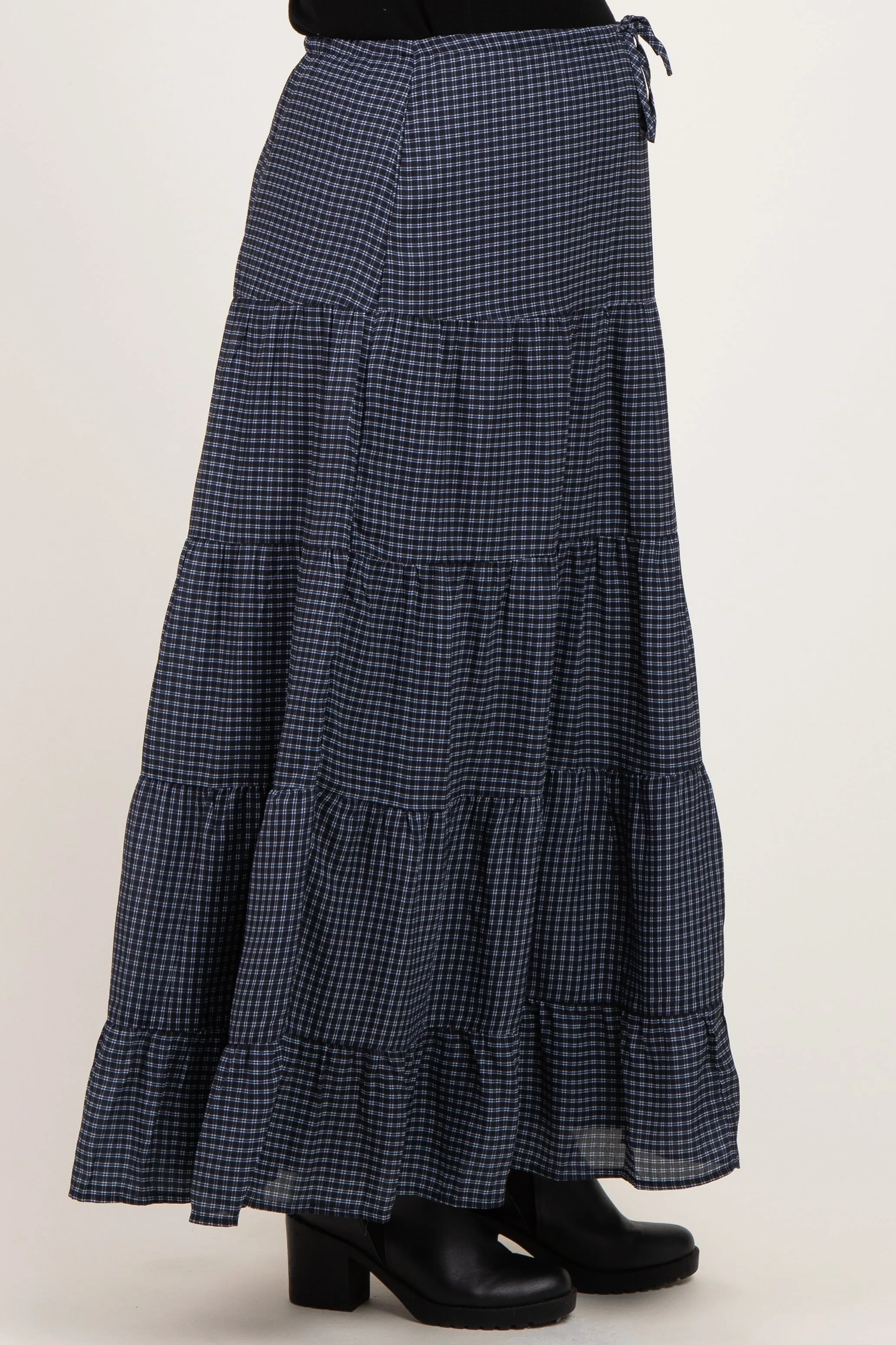 Navy Plaid Drawstring Tiered Maternity Midi Skirt sold by Pinkblush product image thumbnail 3