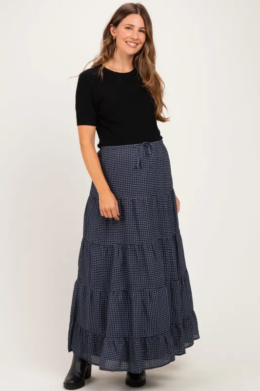 Navy Plaid Drawstring Tiered Maternity Midi Skirt made by BaeVely