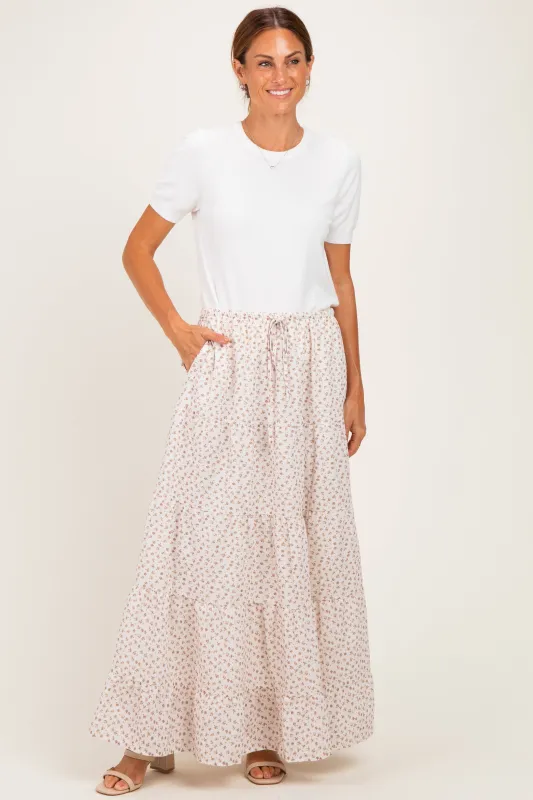 Cream Floral Drawstring Tiered Maxi Skirt made by BaeVely