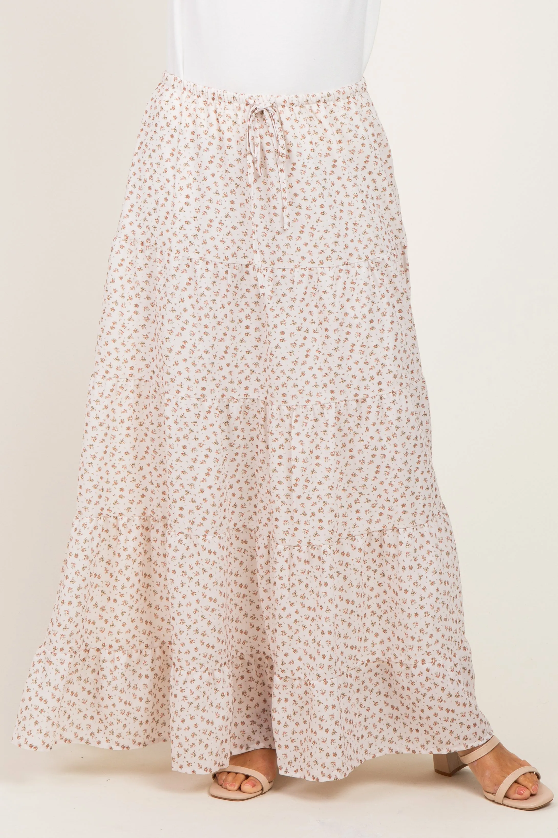 Cream Floral Drawstring Tiered Maxi Skirt sold by Pinkblush product image thumbnail 2